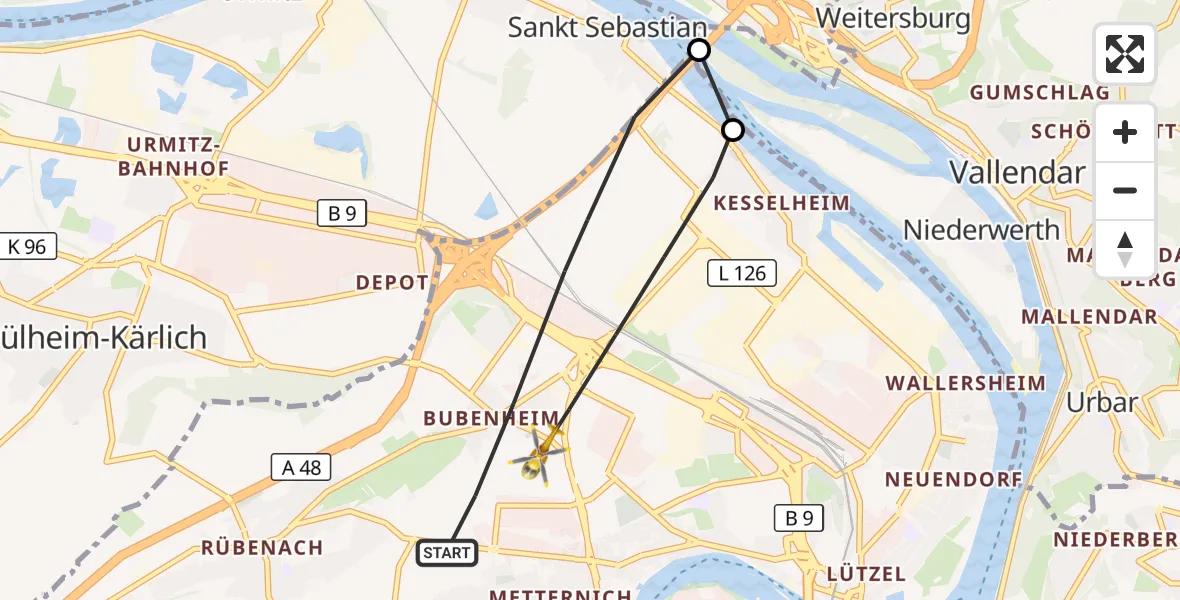 Flugroute Rettungshubschrauber Koblenz - Koblenz, 09 September 2026, 13:22
