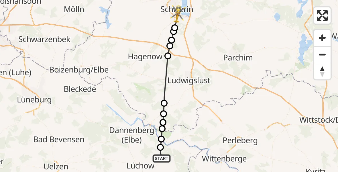 Flugroute Rettungshubschrauber Trebel - Schwerin, 09 September 2026, 13:28