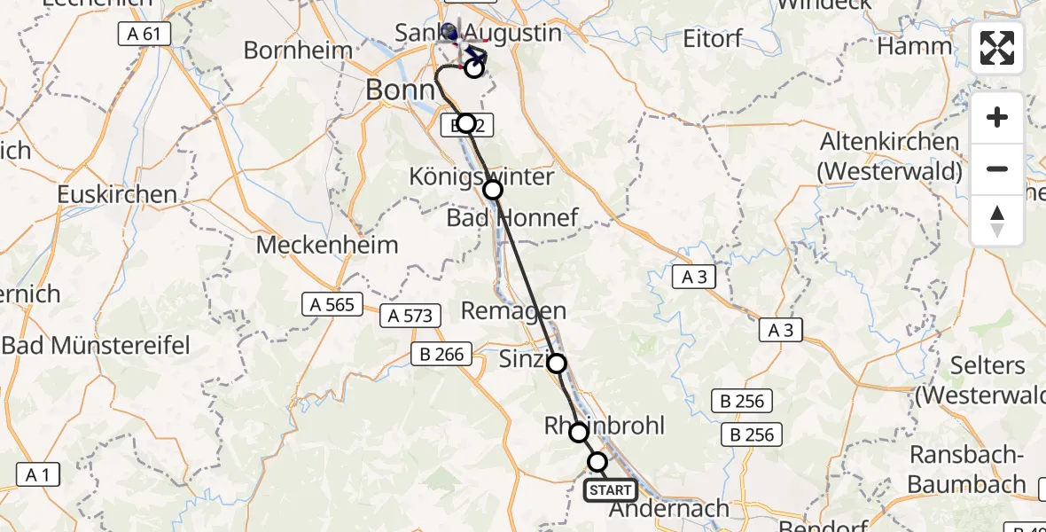 Flugroute Polizeihubschrauber Andernach - Sankt Augustin, 09 September 2026, 13:31