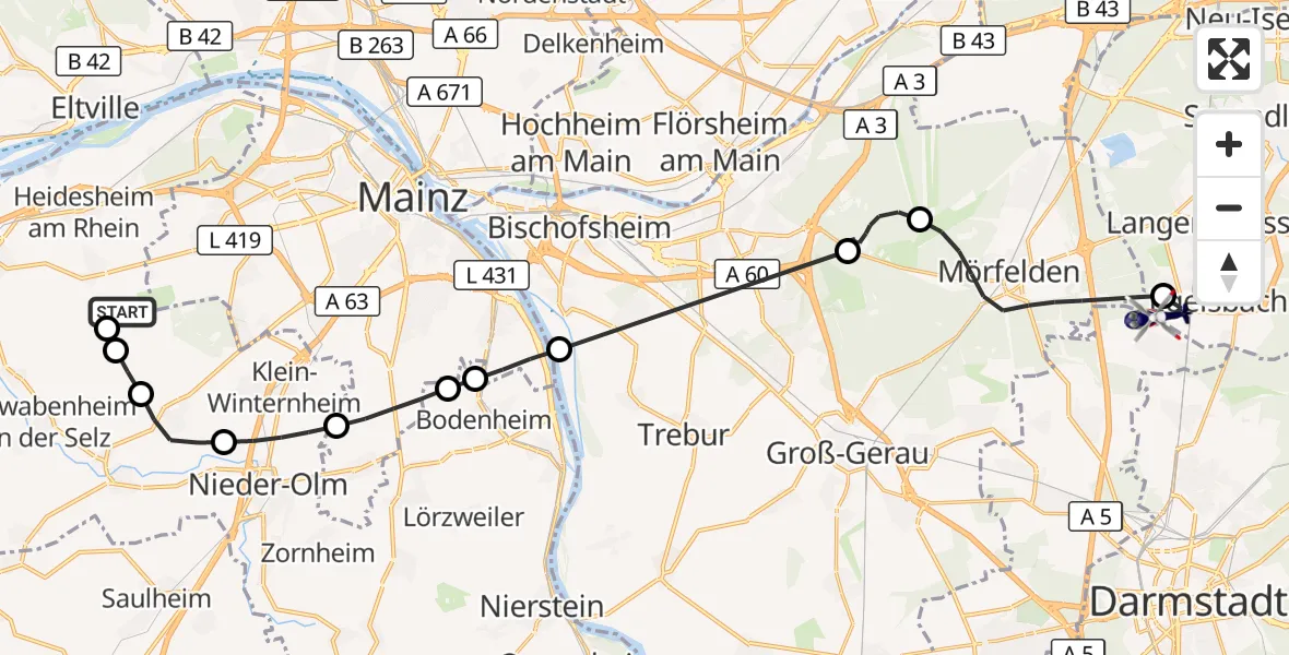 Flugroute Polizeihubschrauber Mainz-Finthen Flugplatz - Flughafen Frankfurt-Egelsbach, 09 September 2026, 13:42