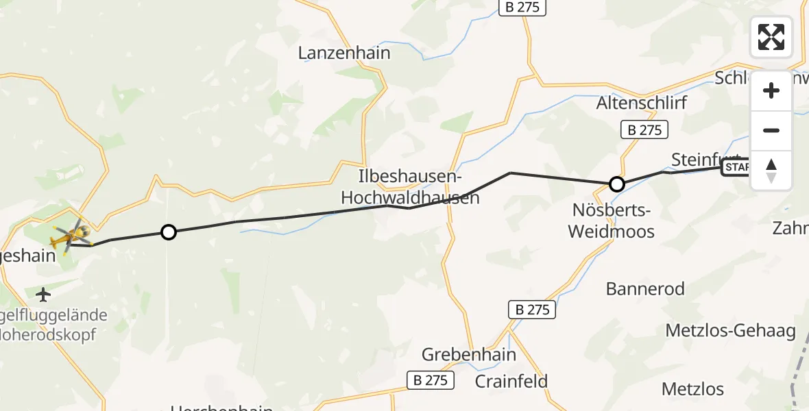 Flugroute Rettungshubschrauber Herbstein - Schotten, 09 September 2026, 13:43