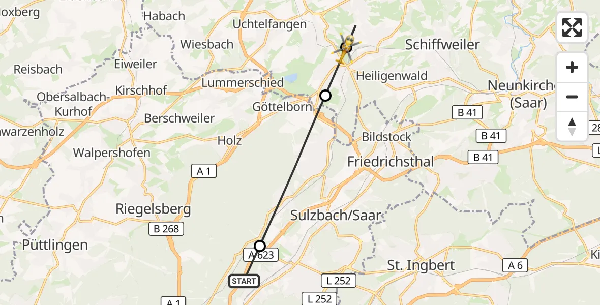 Flugroute Rettungshubschrauber Saarbrücken - Illingen, 09 September 2026, 13:50