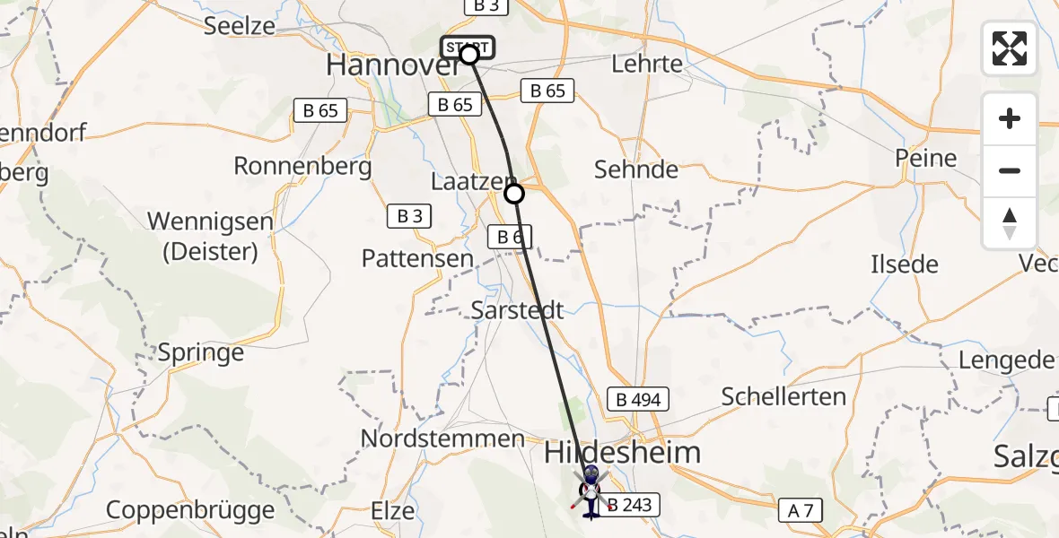 Flugroute Polizeihubschrauber Hannover Luftrettung Hubschrauberlandeplatz (Christoph 4) - Hildesheim, 09 September 2026, 13:52