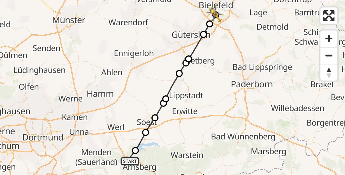 Flugroute Rettungshubschrauber Arnsberg - Luftrettungszentrum Bielefeld, 09 September 2026, 14:03