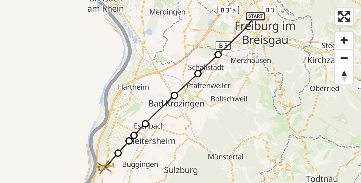 Flugroute Ambulanzhubschrauber Freiburg im Breisgau - Neuenburg am Rhein, 09 September 2026, 14:07