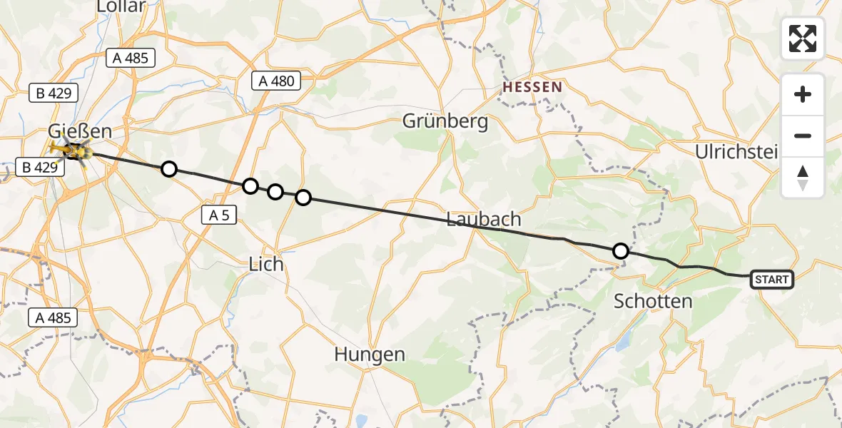 Flugroute Rettungshubschrauber Schotten - Gießen University Hospital, 09 September 2026, 14:13