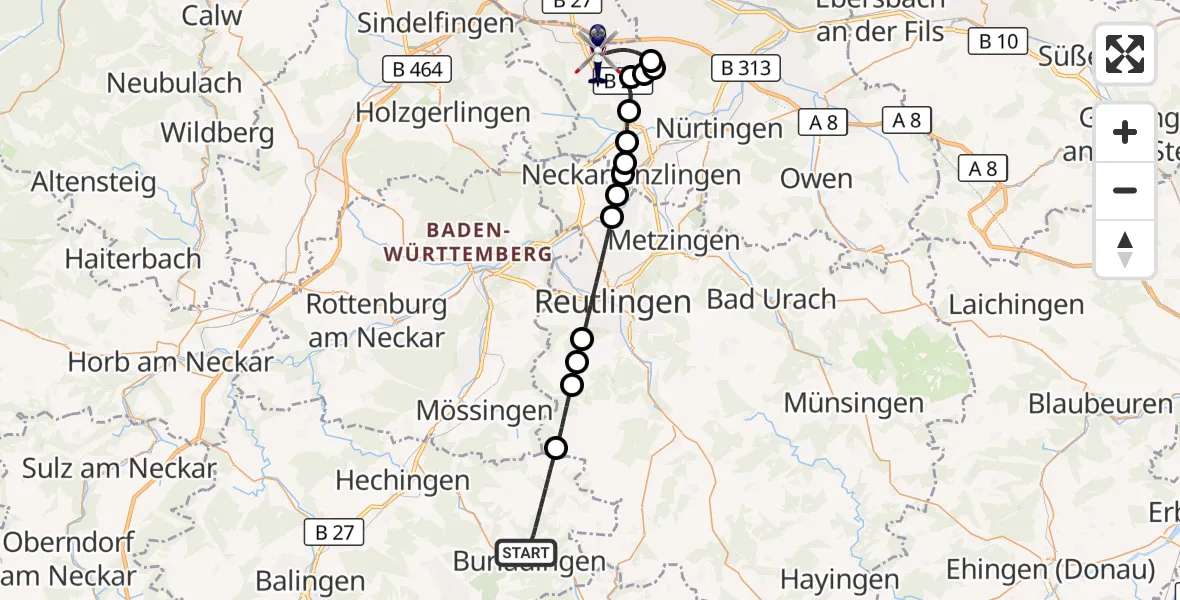 Flugroute Polizeihubschrauber Burladingen - Flughafen Stuttgart, 09 September 2026, 14:24