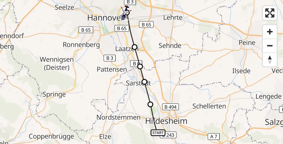 Flugroute Polizeihubschrauber Hildesheim - Hannover Luftrettung Hubschrauberlandeplatz (Christoph 4), 09 September 2026, 14:24