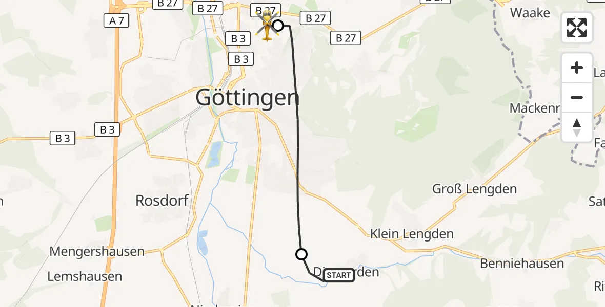 Flugroute Rettungshubschrauber Gleichen - Göttingen University Clinic Hubschrauberlandeplatz, 09 September 2026, 14:31