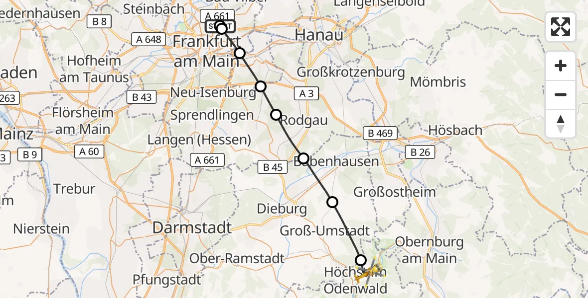 Flugroute Rettungshubschrauber Frankfurt am Main Accident Hospital Roof Helipad (CHX2) - Breuberg, 09 September 2026, 14:36