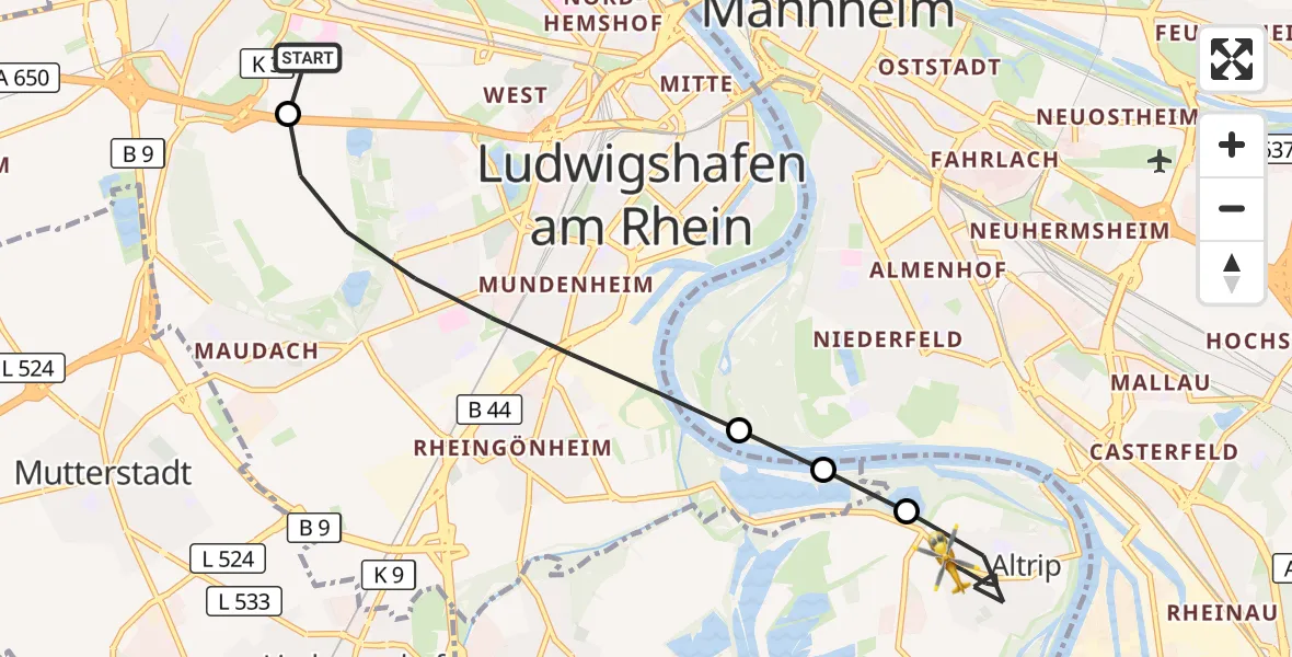 Flugroute Rettungshubschrauber Ludwigshafen Accident Hospital - Altrip, 09 September 2026, 14:38