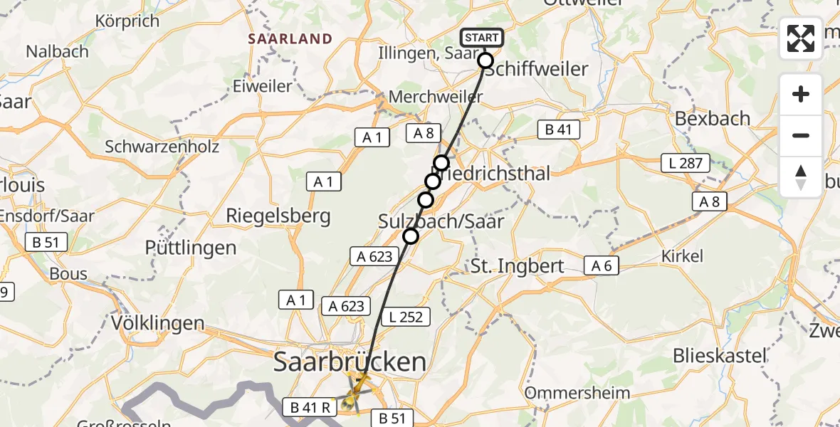 Flugroute Rettungshubschrauber Illingen - Saarbrücken, 09 September 2026, 14:50