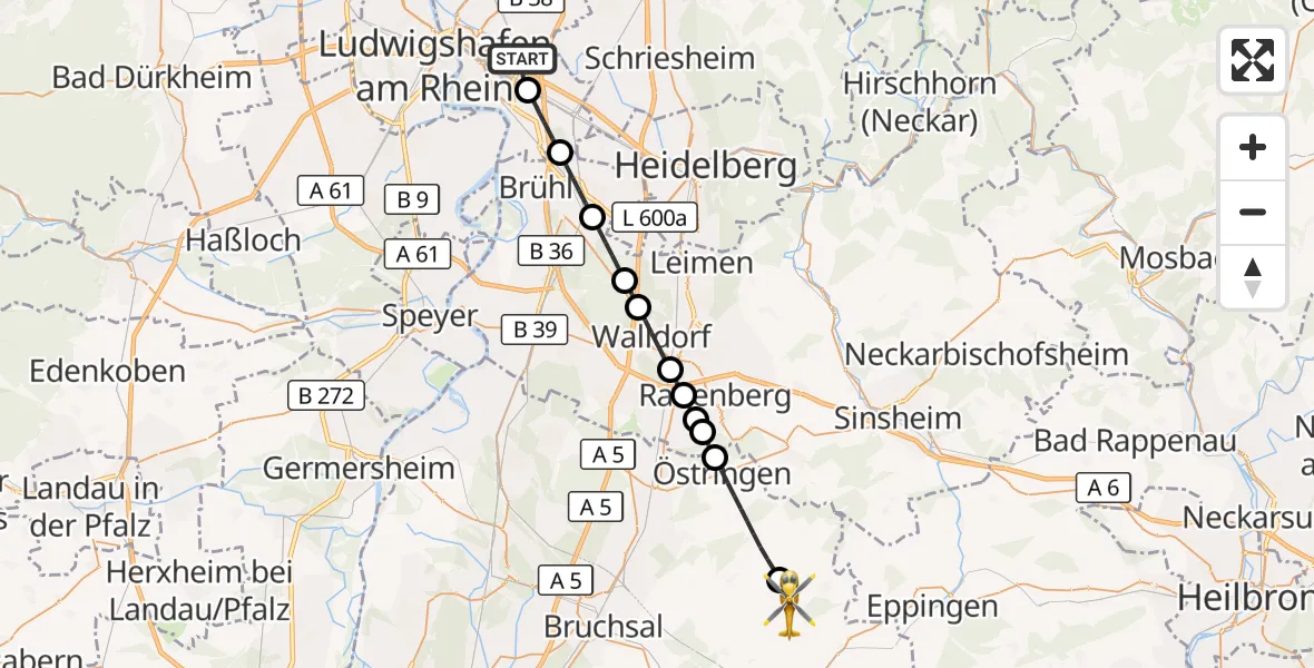 Flugroute Rettungshubschrauber Mannheim-City Flughafen - Kraichtal, 09 September 2026, 14:51