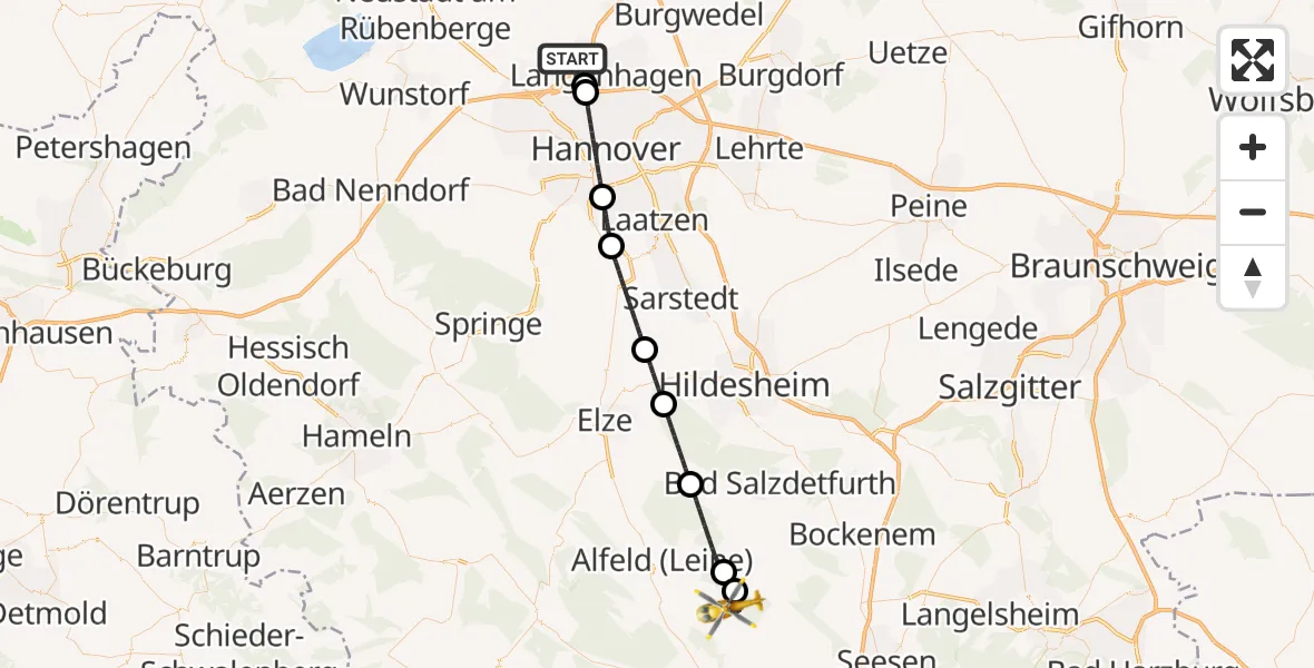 Flugroute Rettungshubschrauber Flughafen Hannover - Freden (Leine), 09 September 2026, 14:54