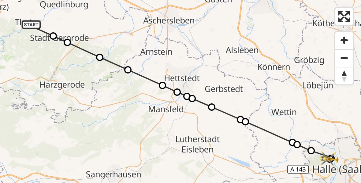 Flugroute Rettungshubschrauber Thale - Halle (Saale) University Hospital, 09 September 2026, 15:03