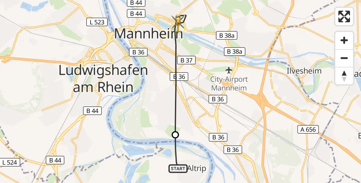 Flugroute Rettungshubschrauber Altrip - Mannheim, 09 September 2026, 15:28