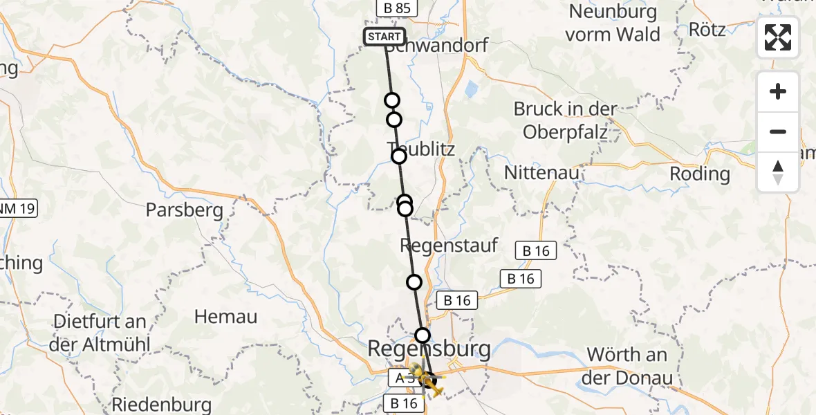 Flugroute Rettungshubschrauber Schwandorf - DRF Air Rescue Station Regensburg / Regensburg University Hospital, 09 September 2026, 15:28