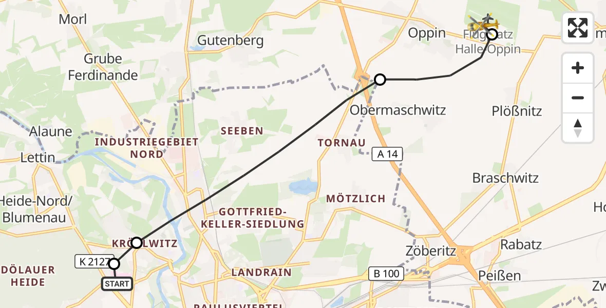 Flugroute Rettungshubschrauber Halle (Saale) University Hospital - Halle-Oppin Flugplatz, 09 September 2026, 15:41