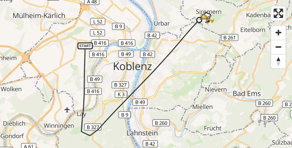 Flugroute Rettungshubschrauber Koblenz - Simmern, 09 September 2026, 15:43