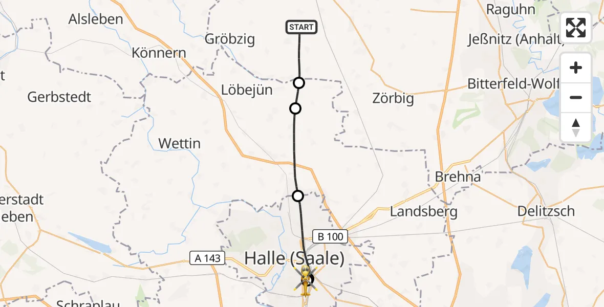 Flugroute Rettungshubschrauber Südliches Anhalt - BG Hospital Bergmannstrost Halle, 09 September 2026, 15:45
