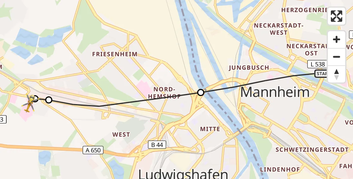 Flugroute Rettungshubschrauber Mannheim - Ludwigshafen Accident Hospital, 09 September 2026, 15:49