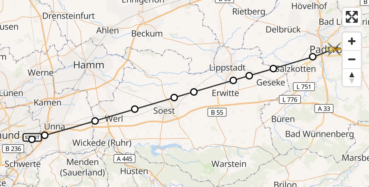 Flugroute Rettungshubschrauber Dortmund Flughafen - Paderborn, 09 September 2026, 15:54