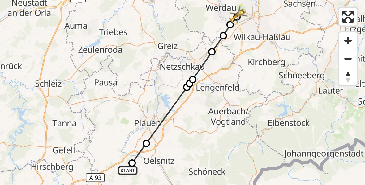 Flugroute Rettungshubschrauber Weischlitz - ADAC Air Rescue Station Zwickau Hubschrauberlandeplatz, 09 September 2026, 15:57