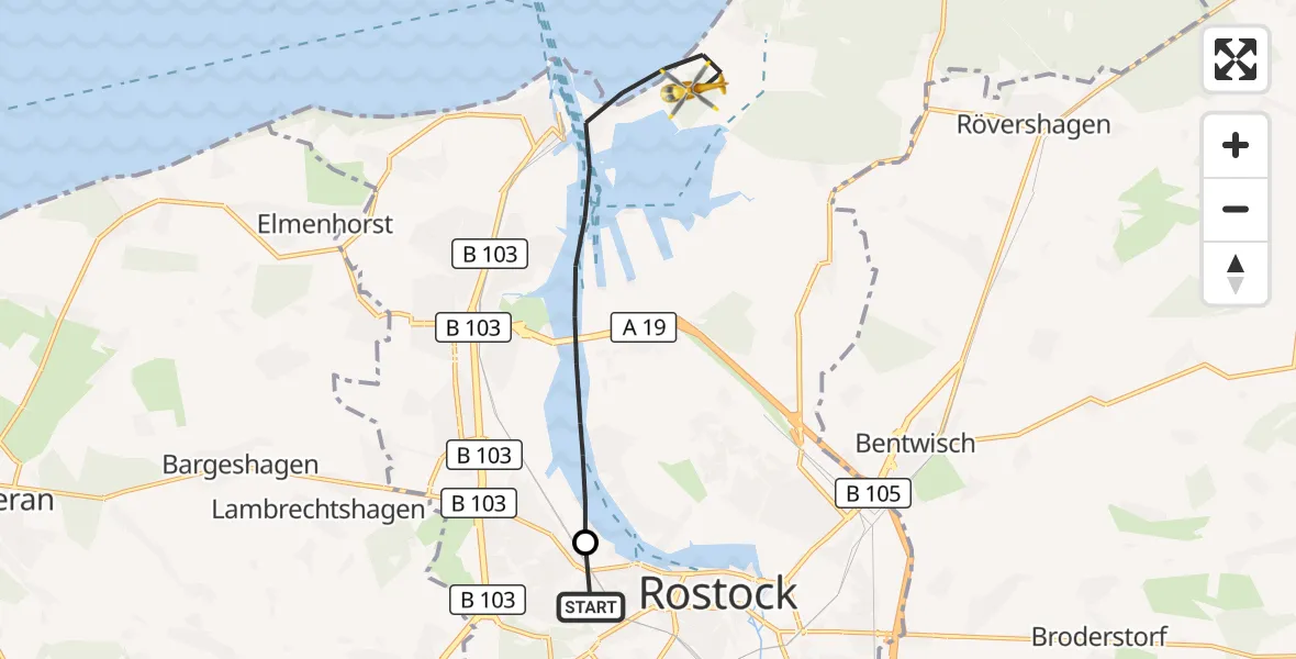 Flugroute Rettungshubschrauber Rostock University Hubschrauberlandeplatz - Rostock, 09 September 2026, 16:04