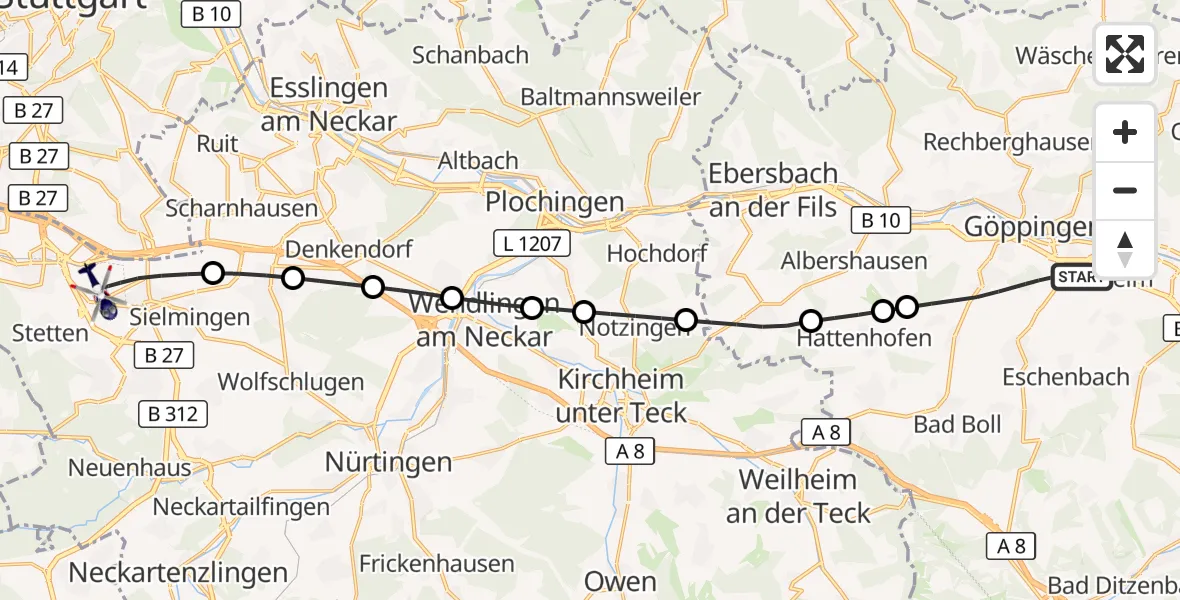 Flugroute Polizeihubschrauber Göppingen - Flughafen Stuttgart, 09 September 2026, 16:04