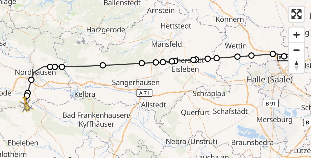 Flugroute Rettungshubschrauber Halle-Oppin Flugplatz - Kleinfurra, 09 September 2026, 16:08