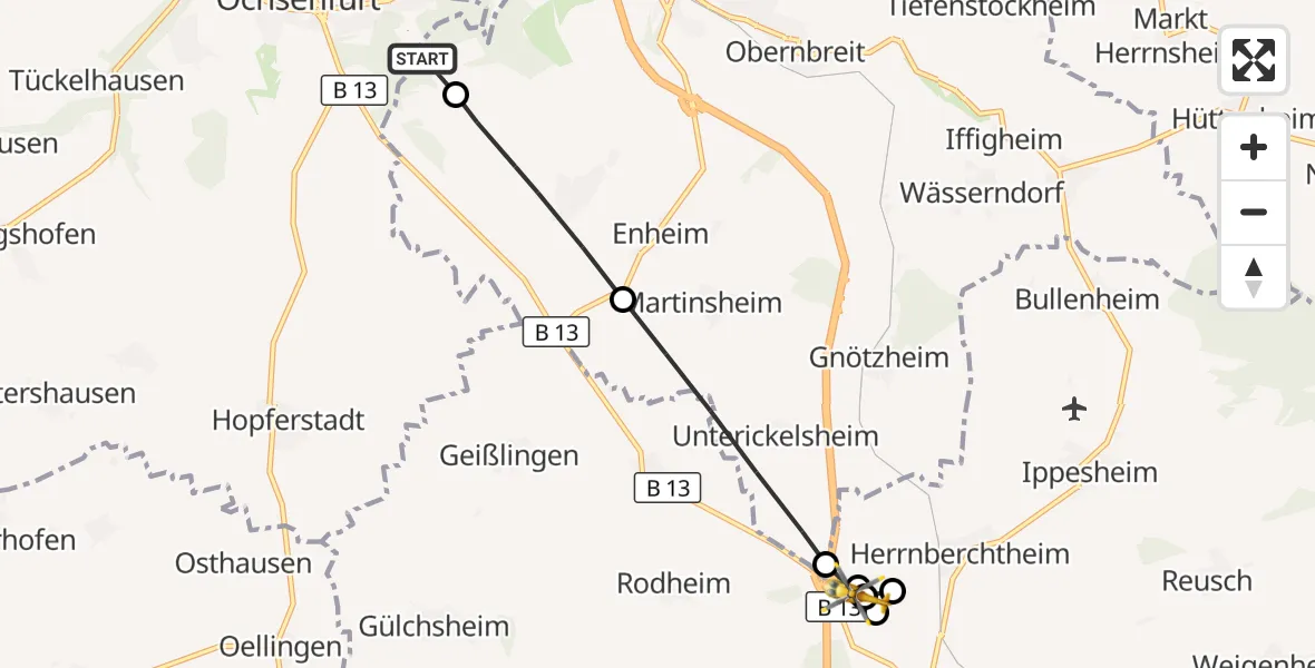 Flugroute Rettungshubschrauber Ochsenfurt Hospital - Gollhofen, 09 September 2026, 16:11