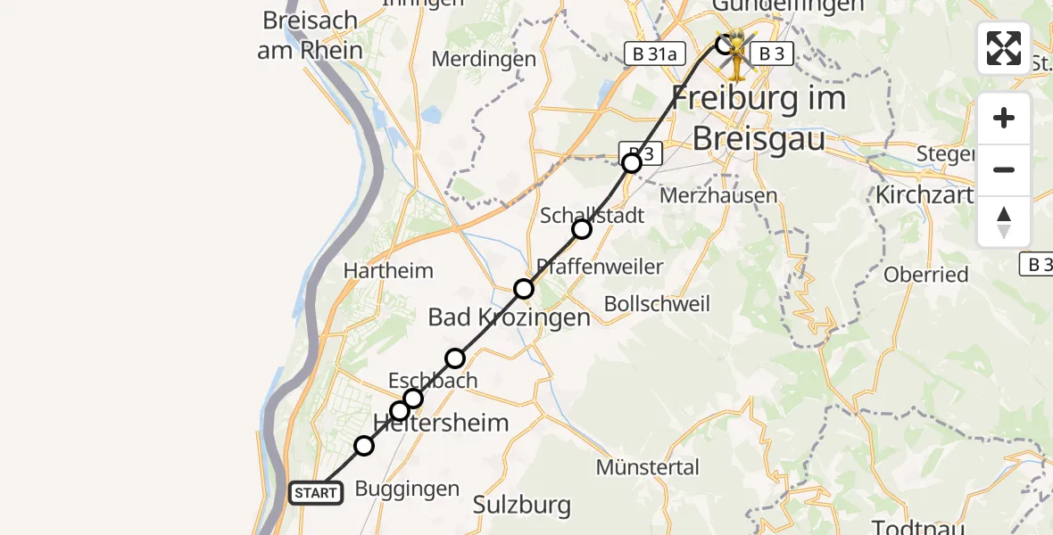 Flugroute Ambulanzhubschrauber Neuenburg am Rhein - Freiburg im Breisgau Flugplatz, 09 September 2026, 16:17