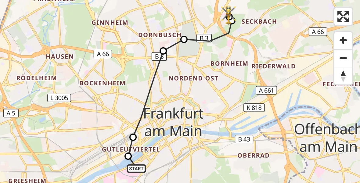 Flugroute Rettungshubschrauber Frankfurt University Hospital - Frankfurt am Main Accident Hospital Roof Helipad (CHX2), 09 September 2026, 16:23