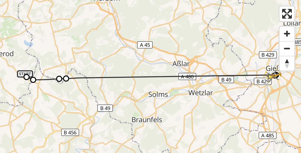 Flugroute Rettungshubschrauber Oberrod - Gießen University Hospital, 09 September 2026, 16:32