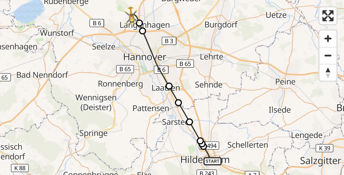 Flugroute Rettungshubschrauber Hildesheim - Flughafen Hannover, 09 September 2026, 16:45