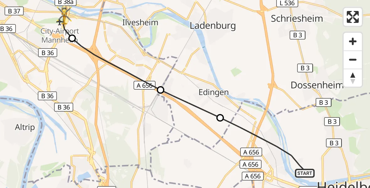 Flugroute Rettungshubschrauber Heidelberg - Mannheim-City Flughafen, 09 September 2026, 16:49