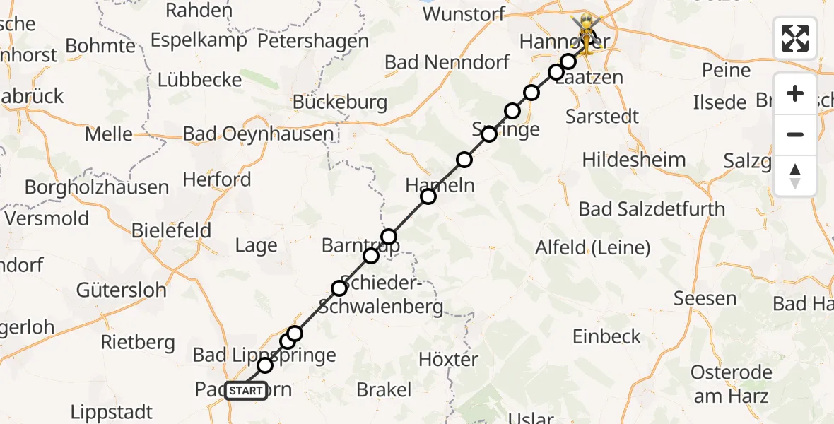 Flugroute Rettungshubschrauber Paderborn - Hannover Luftrettung Hubschrauberlandeplatz (Christoph 4), 09 September 2026, 16:53
