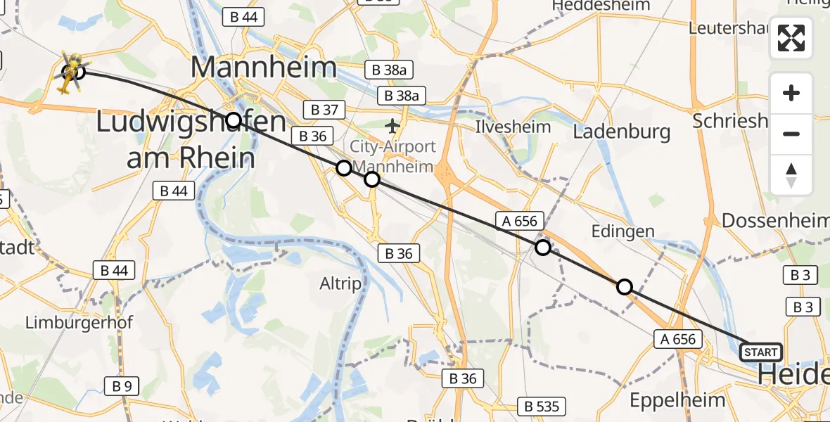 Flugroute Rettungshubschrauber Heidelberg - Ludwigshafen Accident Hospital, 09 September 2026, 17:19