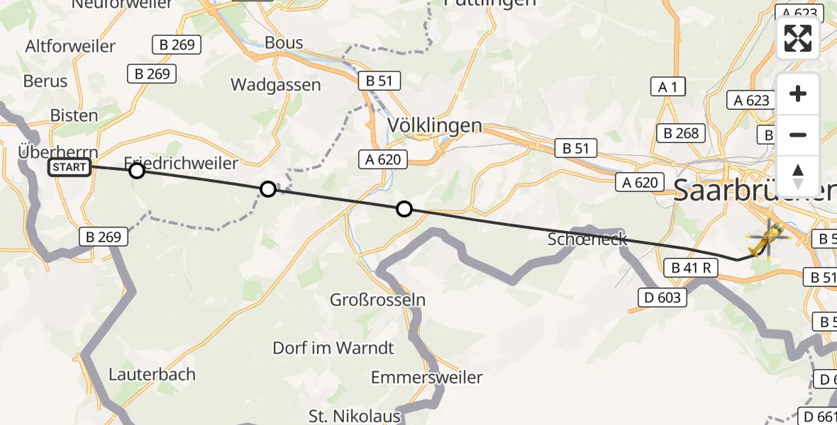 Flugroute Rettungshubschrauber Überherrn - Saarbrücken, 09 September 2026, 17:30