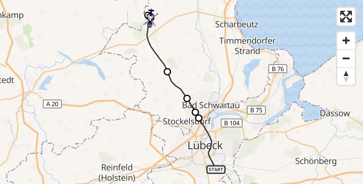 Flugroute Polizeihubschrauber Lübeck - Christoph 12 Luftrettungszentrum, 09 September 2026, 17:45