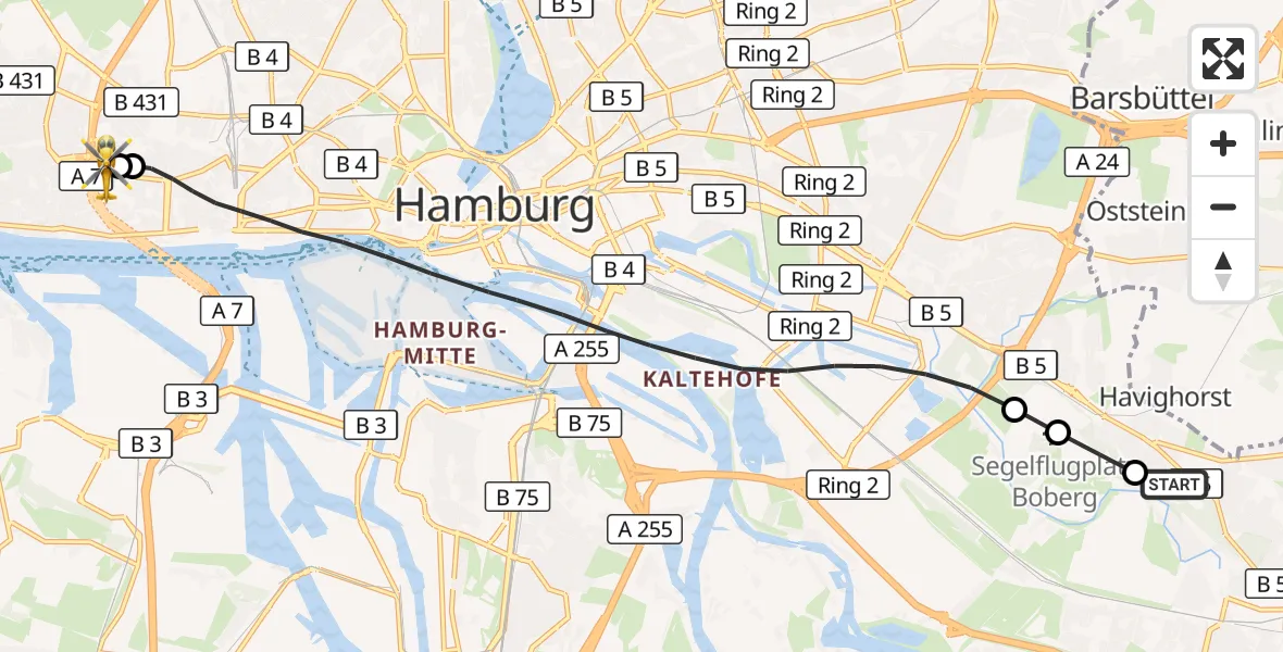 Flugroute Rettungshubschrauber Christoph Hansa ADAC Hubschrauberlandeplatz - Asklepios Hospital Altona, 09 September 2026, 17:58
