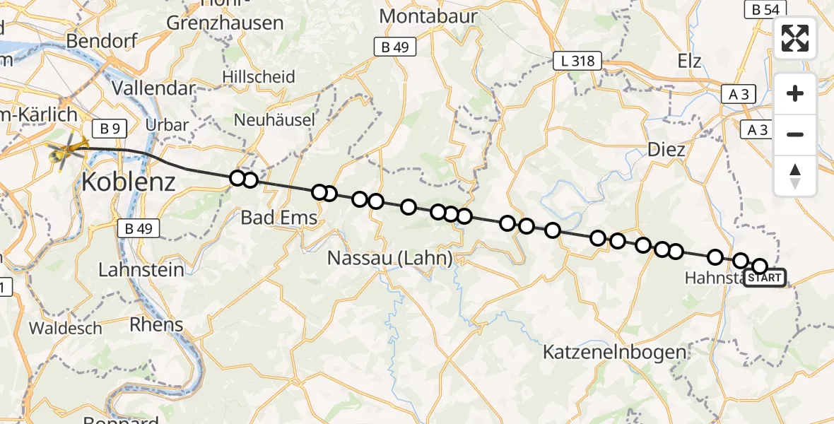 Flugroute Rettungshubschrauber Kaltenholzhausen - Koblenz, 09 September 2026, 18:03