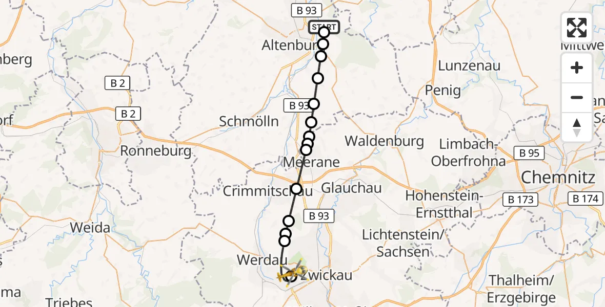 Flugroute Rettungshubschrauber Windischleuba - ADAC Air Rescue Station Zwickau Hubschrauberlandeplatz, 09 September 2026, 18:05