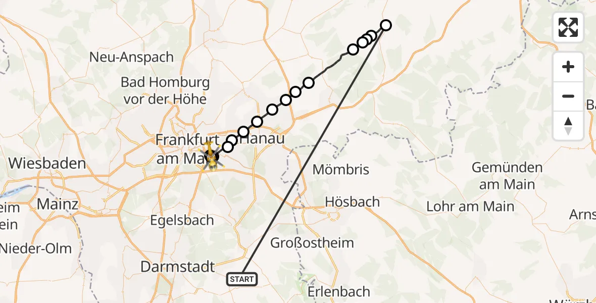 Flugroute Rettungshubschrauber Otzberg - Sana Hospital Offenbach Hubschrauberlandeplatz, 09 September 2026, 18:19