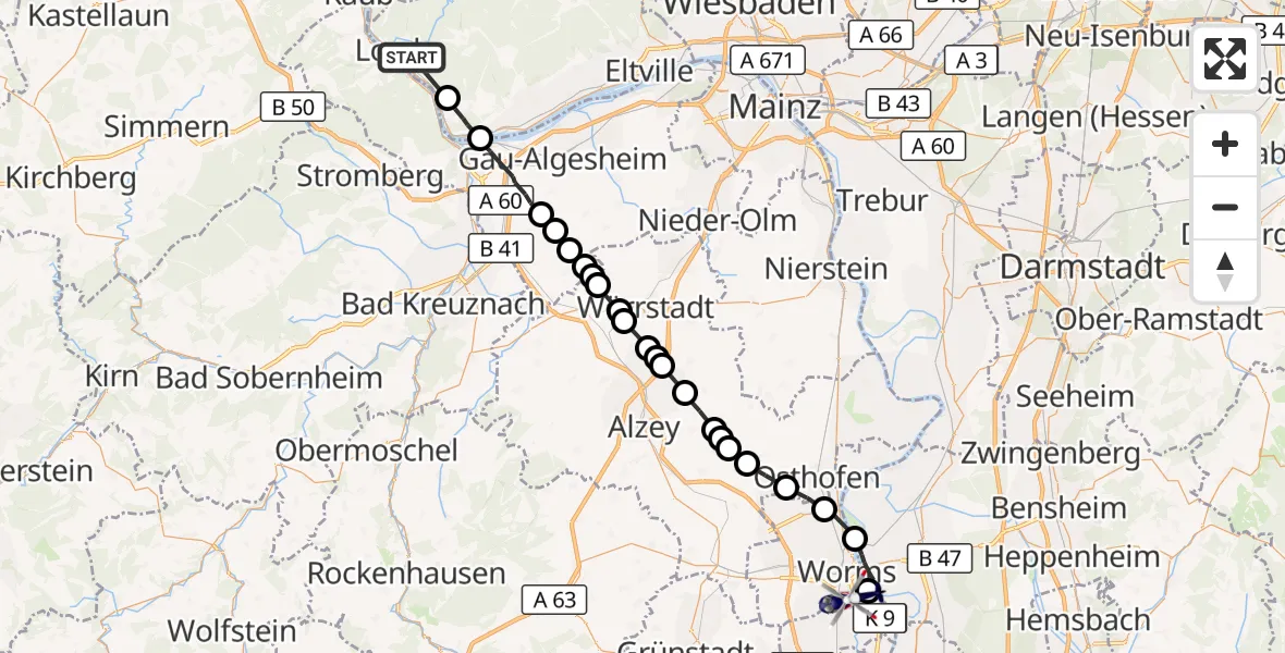 Flugroute Polizeihubschrauber Lorch - Worms Flugplatz, 09 September 2026, 18:19