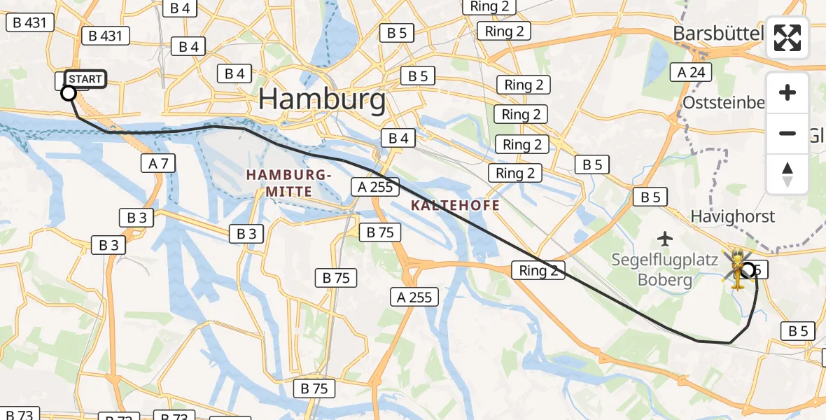 Flugroute Rettungshubschrauber Asklepios Hospital Altona - Christoph Hansa ADAC Hubschrauberlandeplatz, 09 September 2026, 18:21