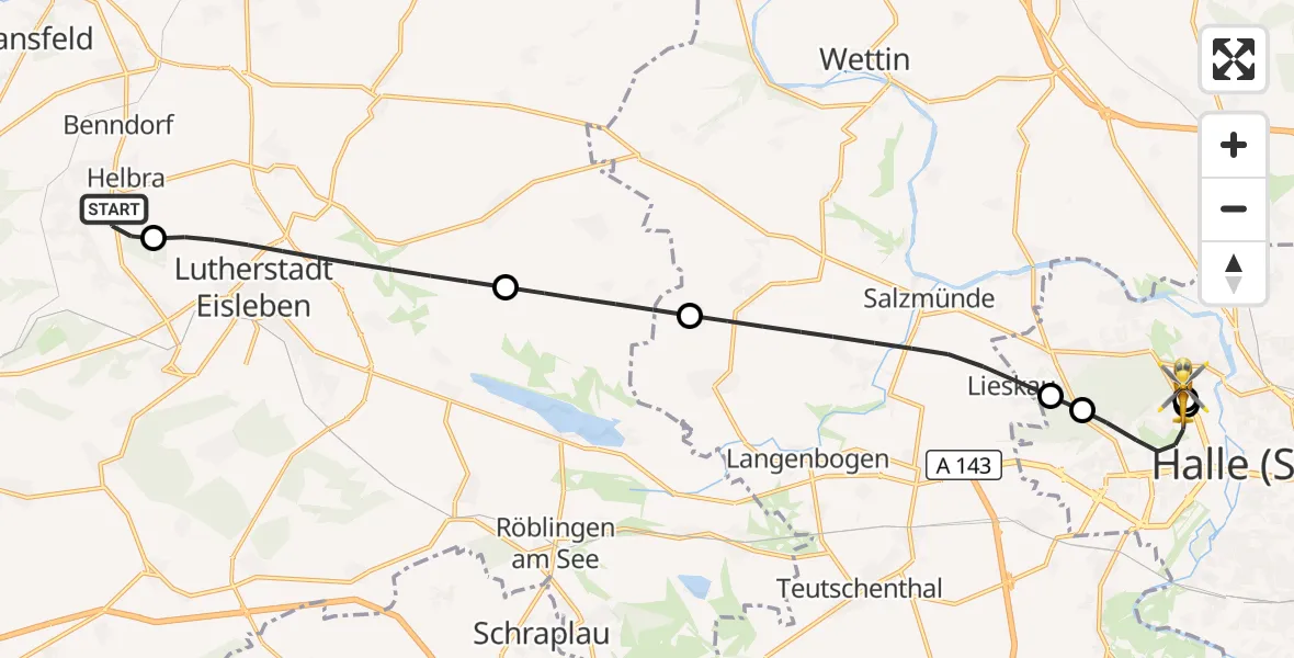 Flugroute Rettungshubschrauber Helbra - Halle (Saale) University Hospital, 09 September 2026, 18:30