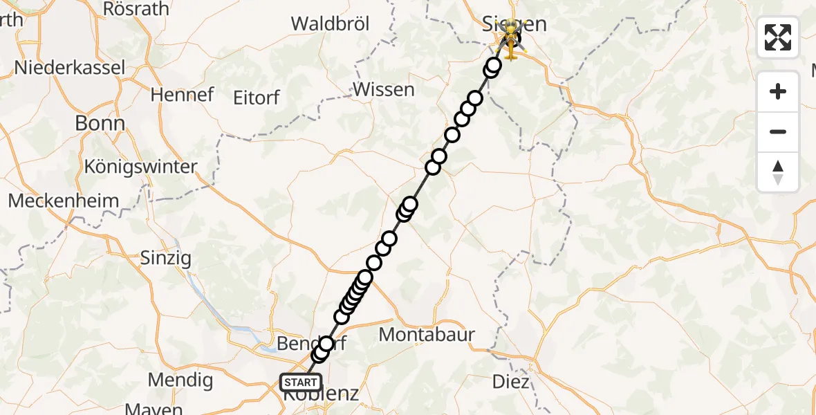 Flugroute Rettungshubschrauber Koblenz - Evangelisches Jung-Stilling Hospital, 09 September 2026, 18:58