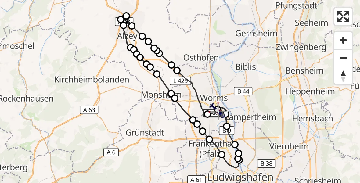 Flugroute Polizeihubschrauber Bobenheim-Roxheim - Worms Flugplatz, 09 September 2026, 19:04
