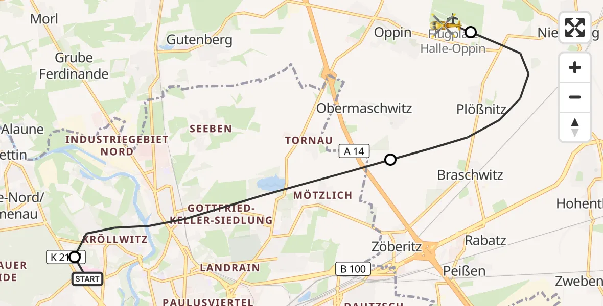 Flugroute Rettungshubschrauber Halle (Saale) University Hospital - Halle-Oppin Flugplatz, 09 September 2026, 19:18